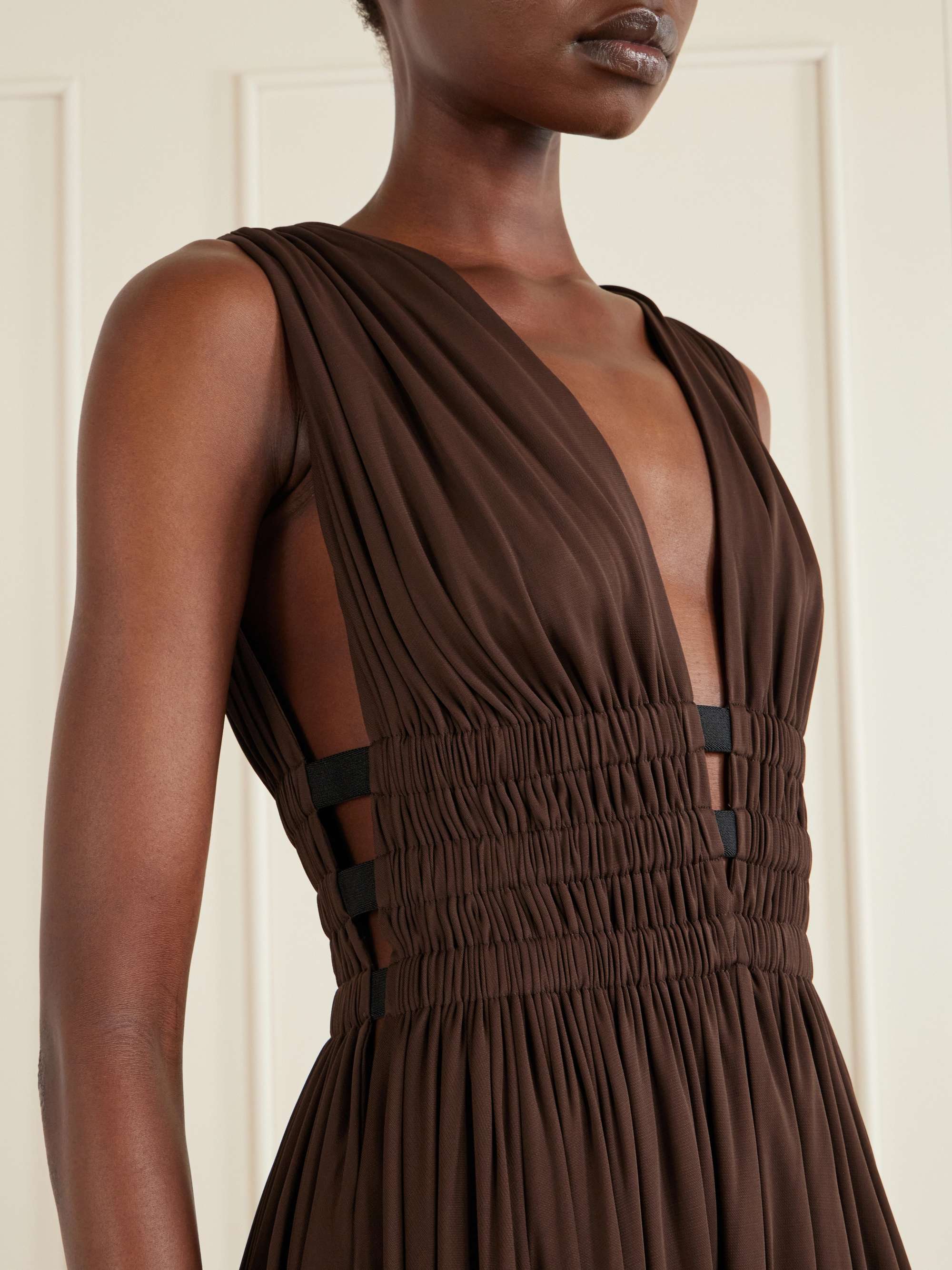 silk halter dress with folds around the neckline Halter Peacock Sleeveless Pleats Prom Dress with Split main image 0