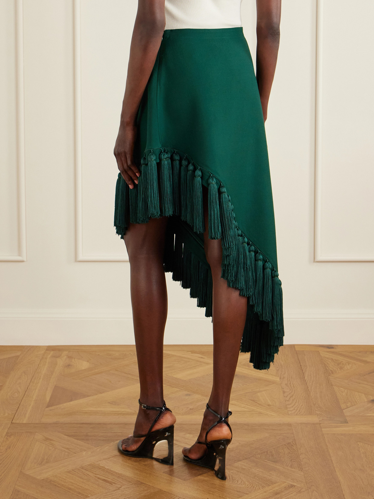 Alaïa - Tassle Fringed Asymmetric Wool-Gabardine Midi
