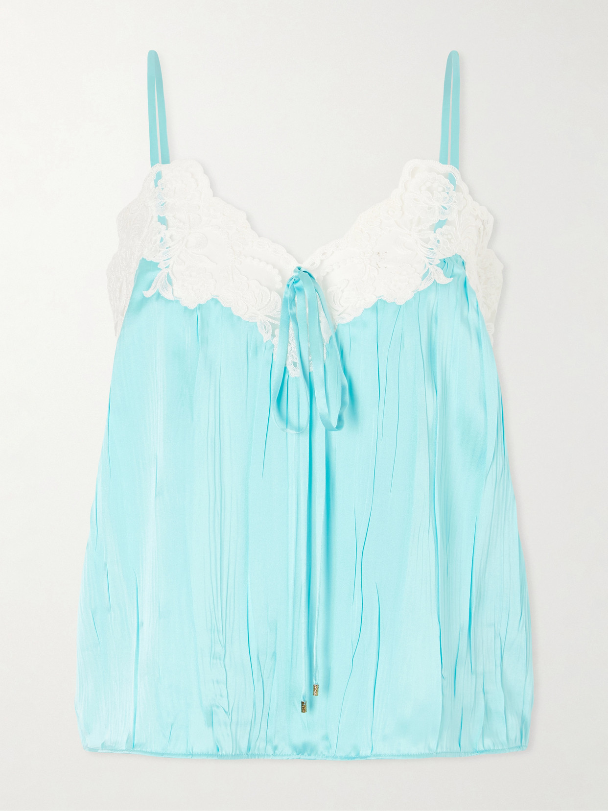 Chloé Lace-trimmed Crinkled Silk-satin Top In Blue