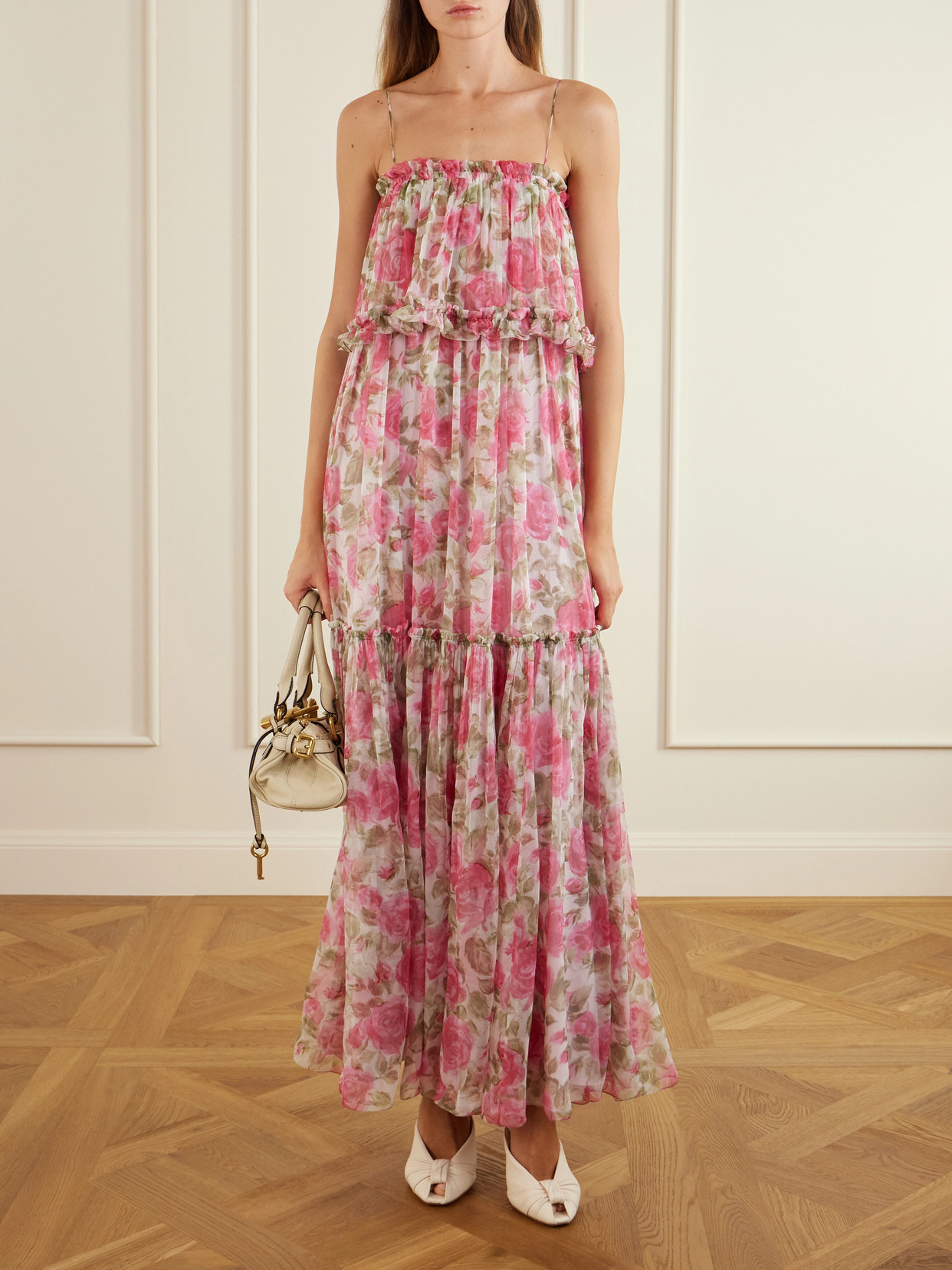 Chloé Chloe Floral Print Ruffled Silk-chiffon Maxi Dress In Pink