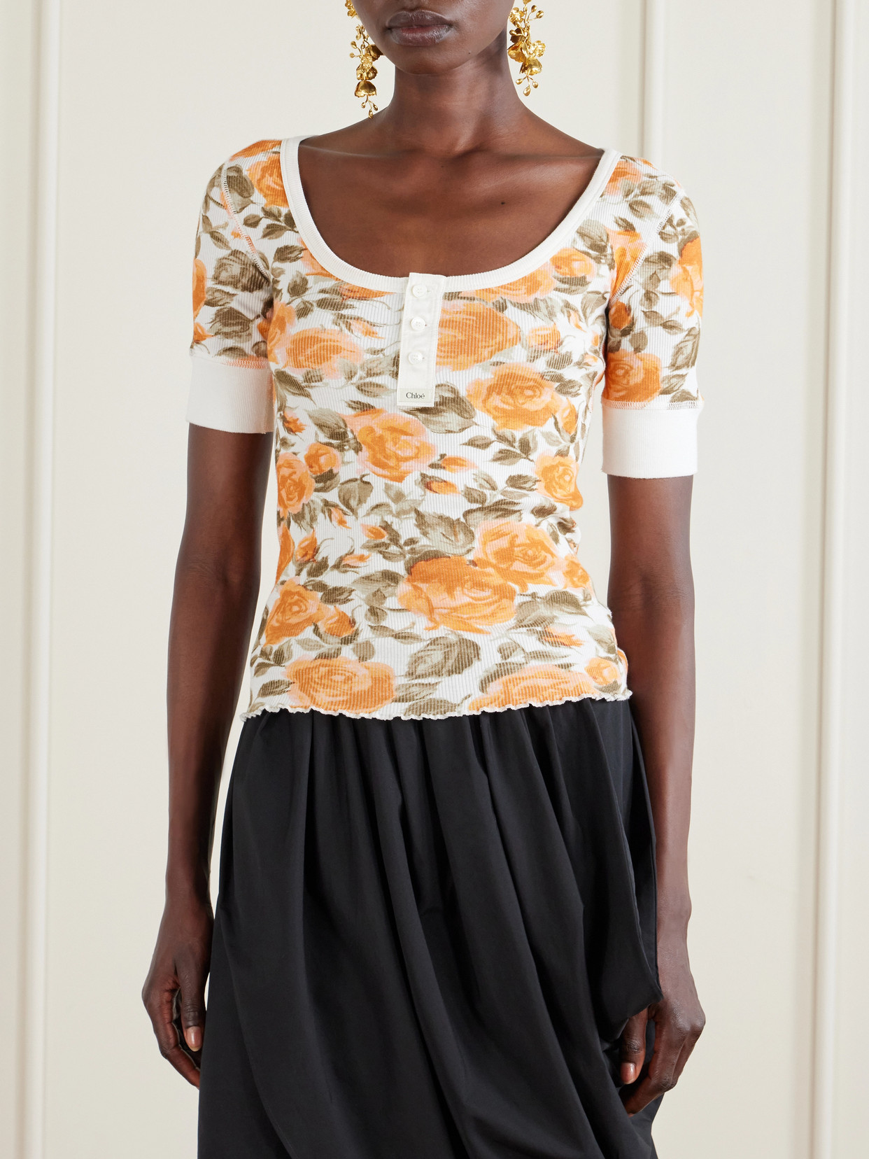 Chloé - Floral-Print Ribbed Stretch-Cotton Jersey T-Shirt
