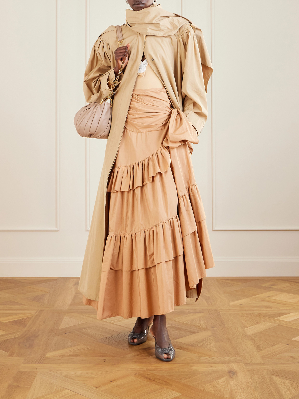 Chloé - Bow-Detailed Ruffled Organic Cotton-Poplin Midi