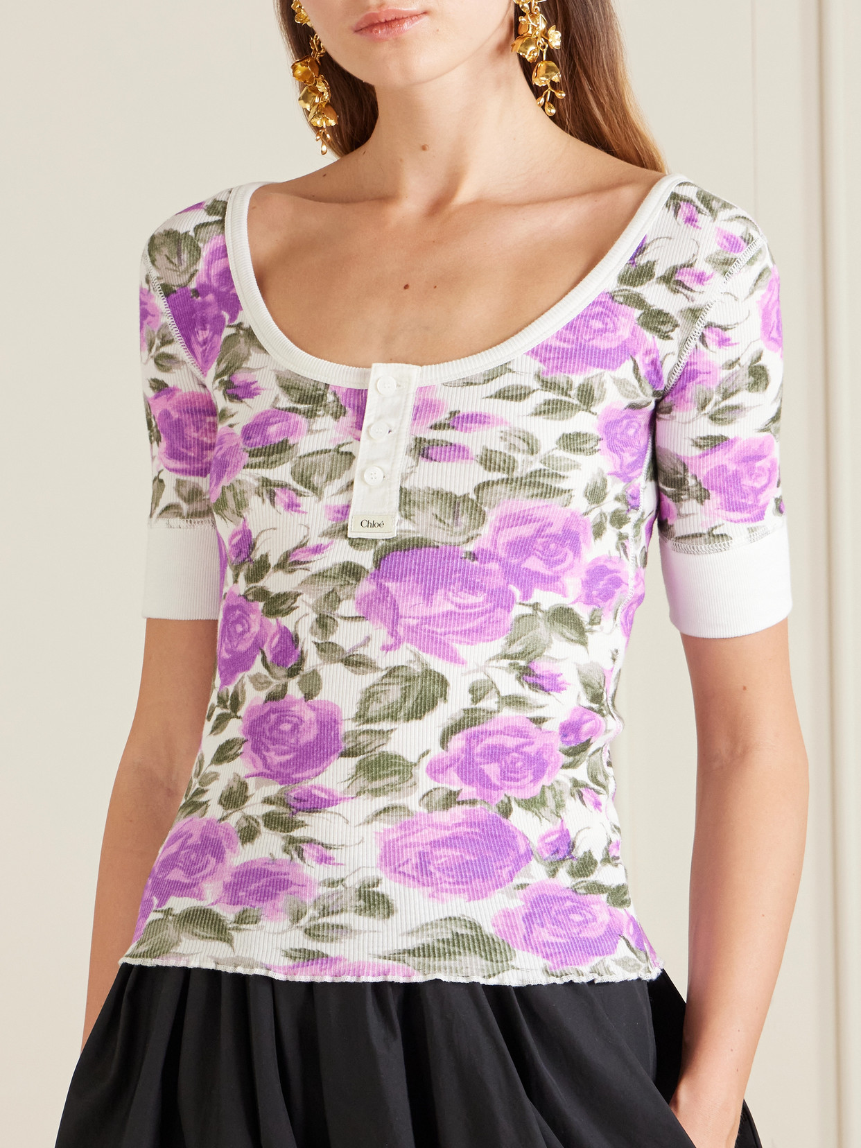 Chloé - Floral-Print Ribbed Stretch-Cotton Jersey T-Shirt