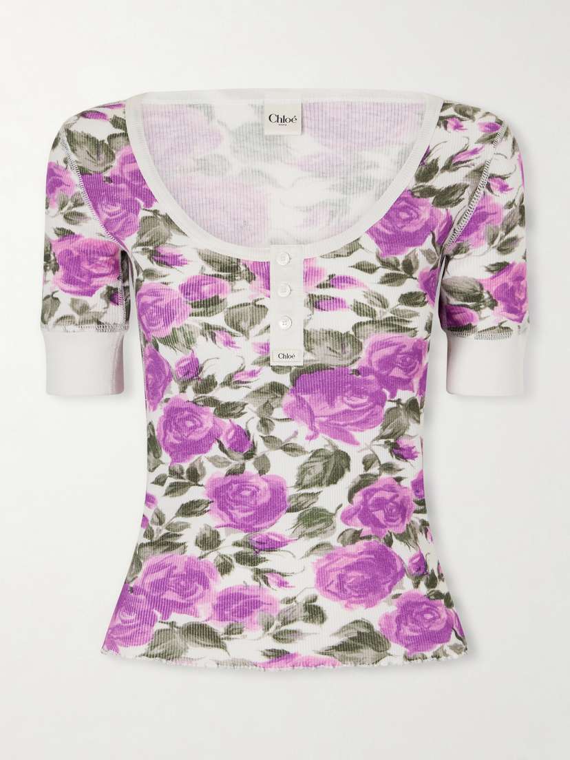 Chloé Floral-print Ribbed Stretch-cotton Jersey T-shirt