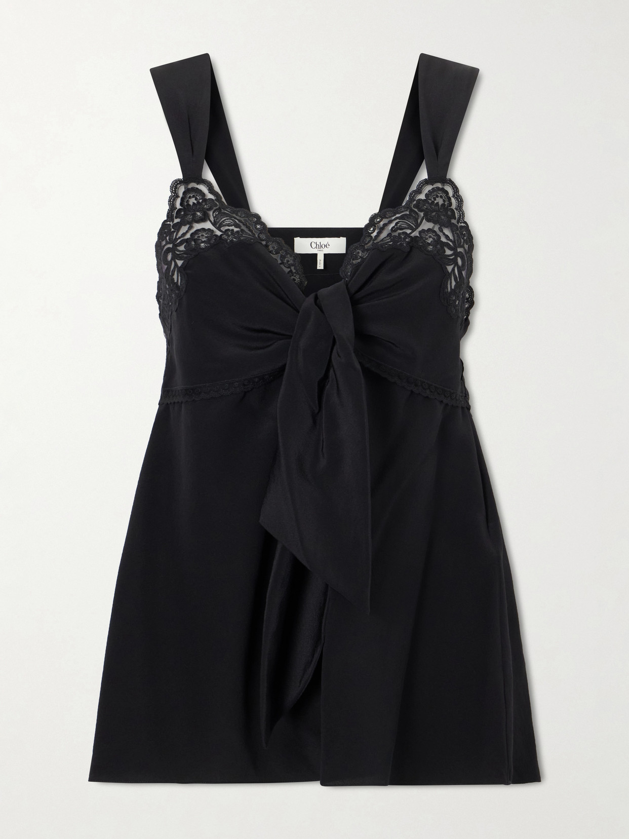 Chloé - Knotted Lace-Trimmed Silk Crepe De Chine Tank