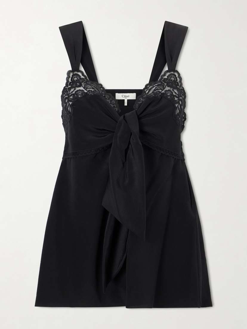 Chloé Knotted Lace-trimmed Silk Crepe De Chine Tank
