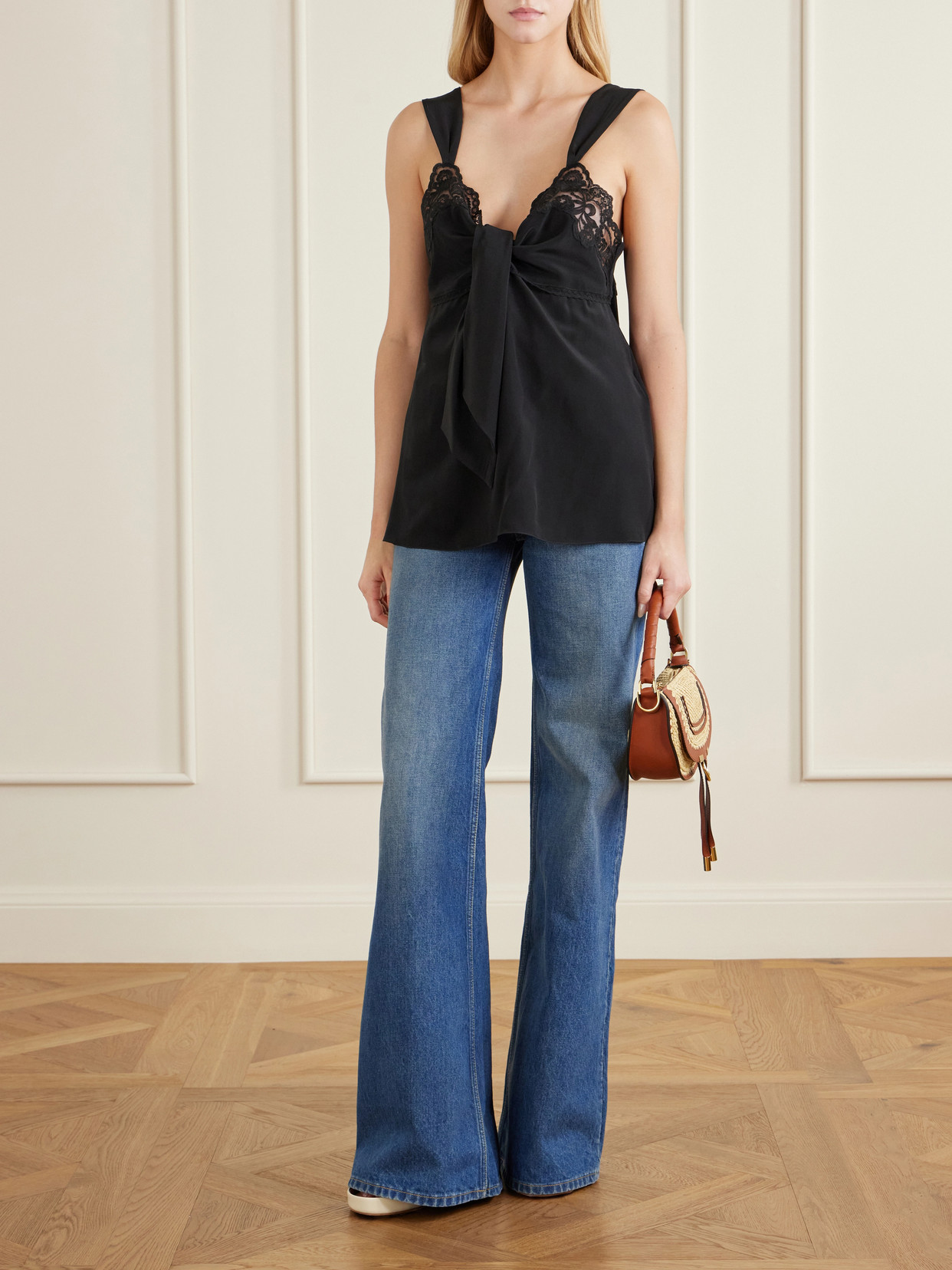 Chloé - Knotted Lace-Trimmed Silk Crepe De Chine Tank