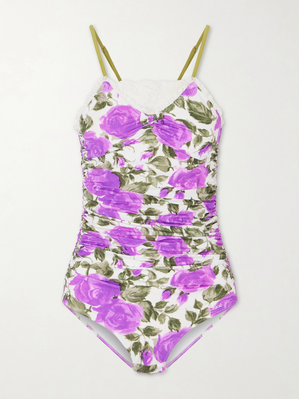Chloé Bow-detailed Ruched Lace-trimmed Floral-print Swimsuit In Purple
