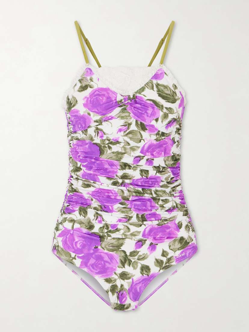 Chloé Bow-detailed Ruched Lace-trimmed Floral-print Swimsuit