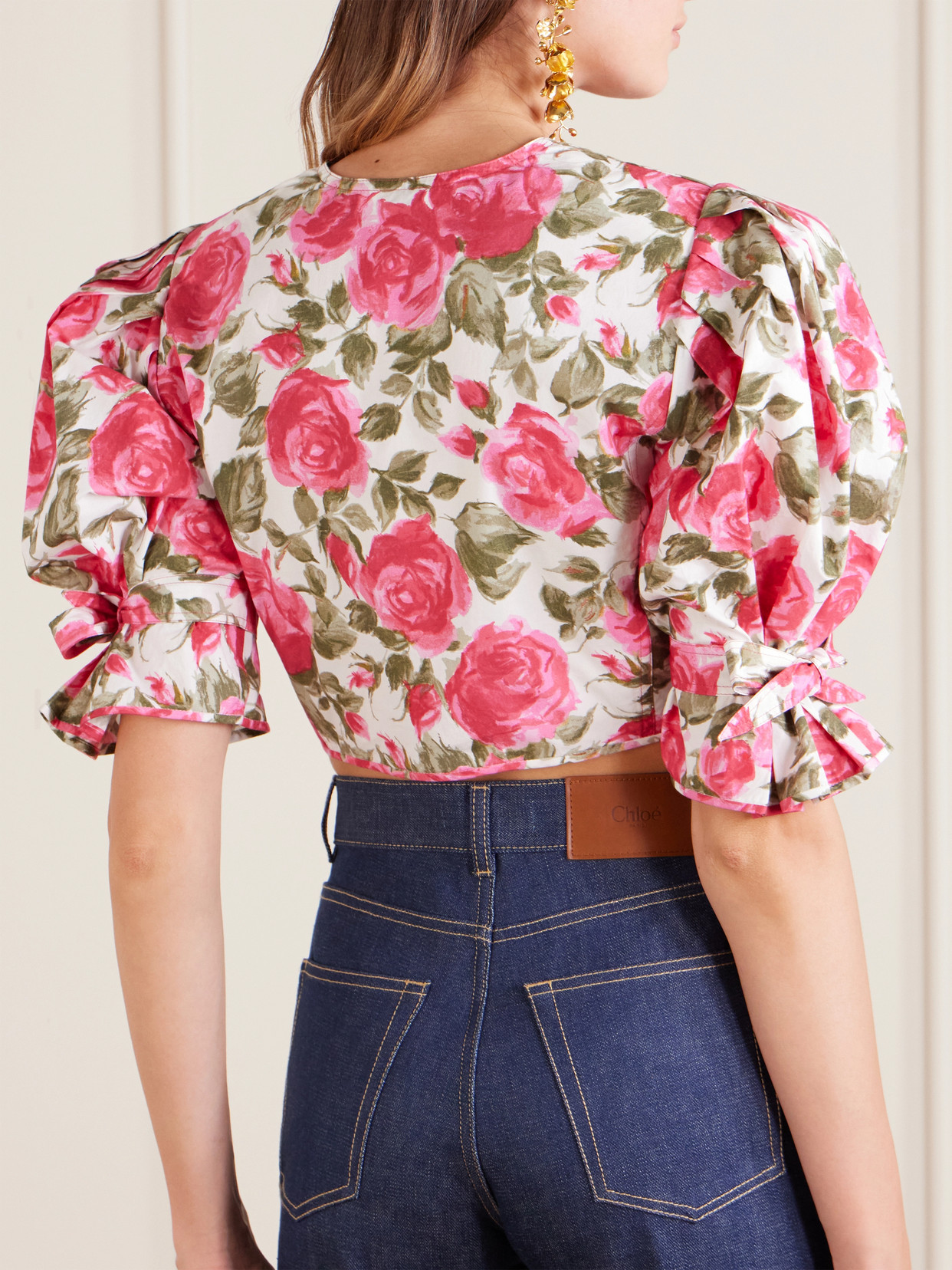 Chloé Chloe Floral-print Cotton-poplin Cropped Blouse In Pink