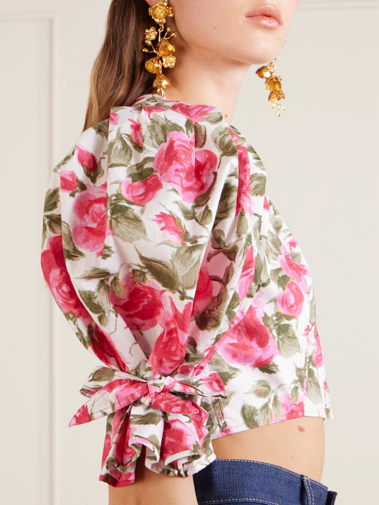 Chloé Chloe Floral-print Cotton-poplin Cropped Blouse In Pink