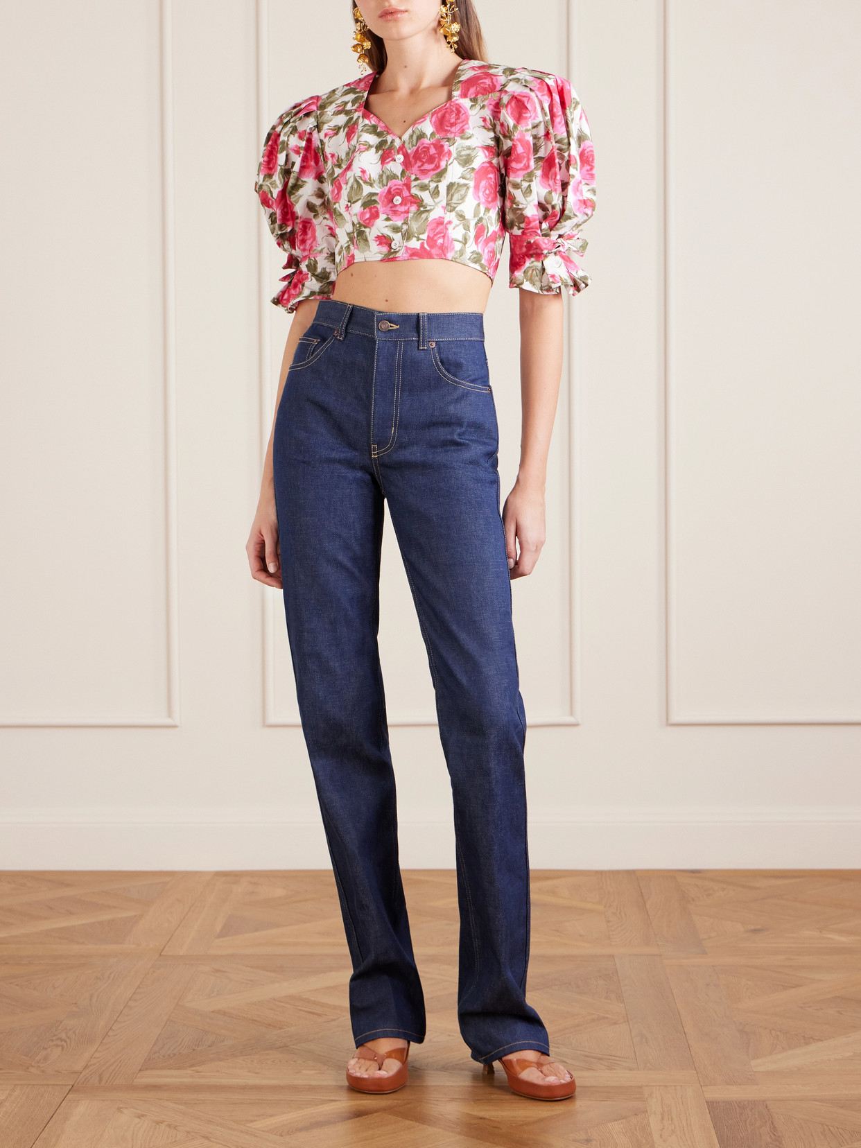 Chloé Chloe Floral-print Cotton-poplin Cropped Blouse In Pink