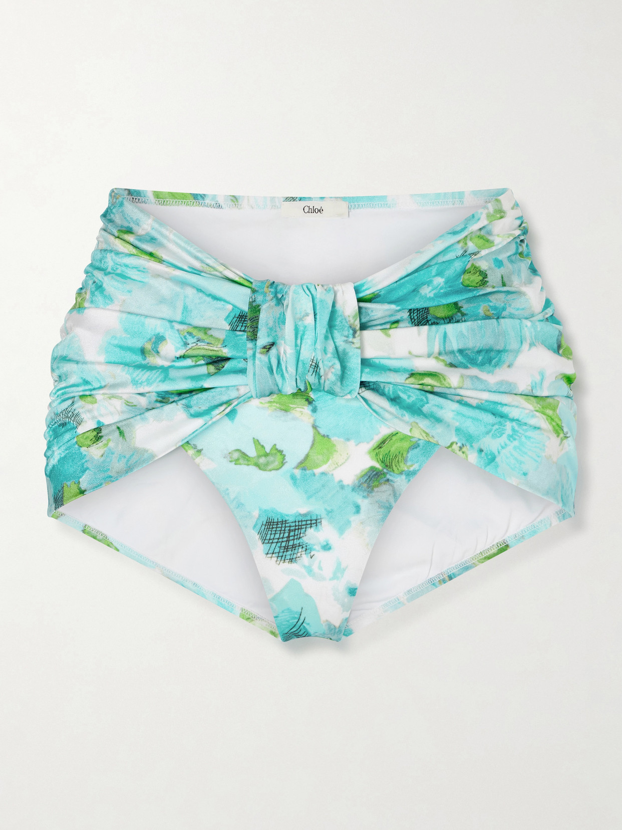 Chloé Ruched Floral-print Bikini Briefs In Blue
