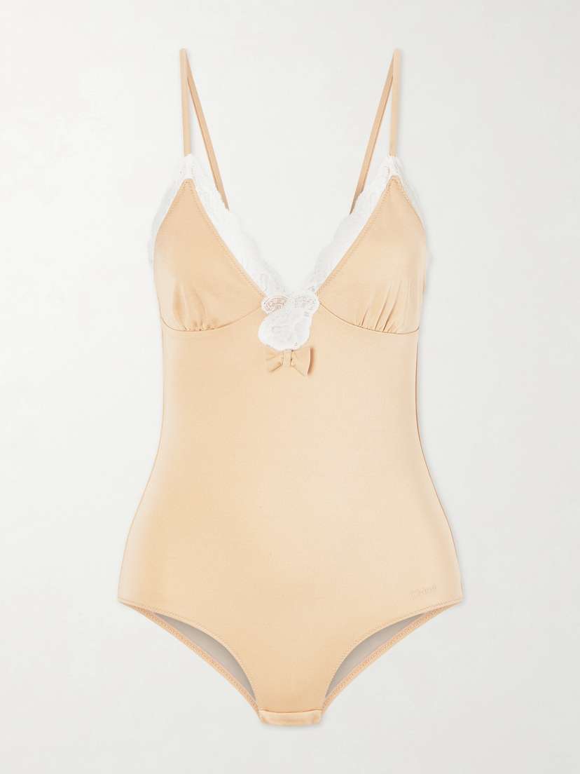 Chloé Bow-detailed Lace-trimmed Stretch-jersey Bodysuit