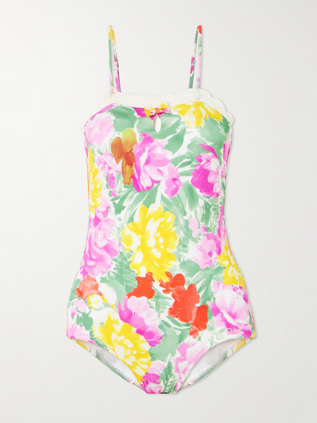 Chloé Lace-trimmed Floral-print Swimsuit In Multi