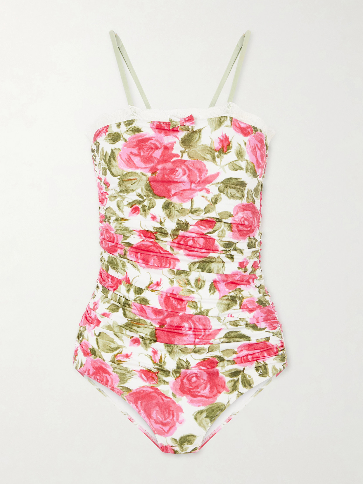 Chloé Bow-detailed Ruched Lace-trimmed Floral-print Swimsuit In Pink
