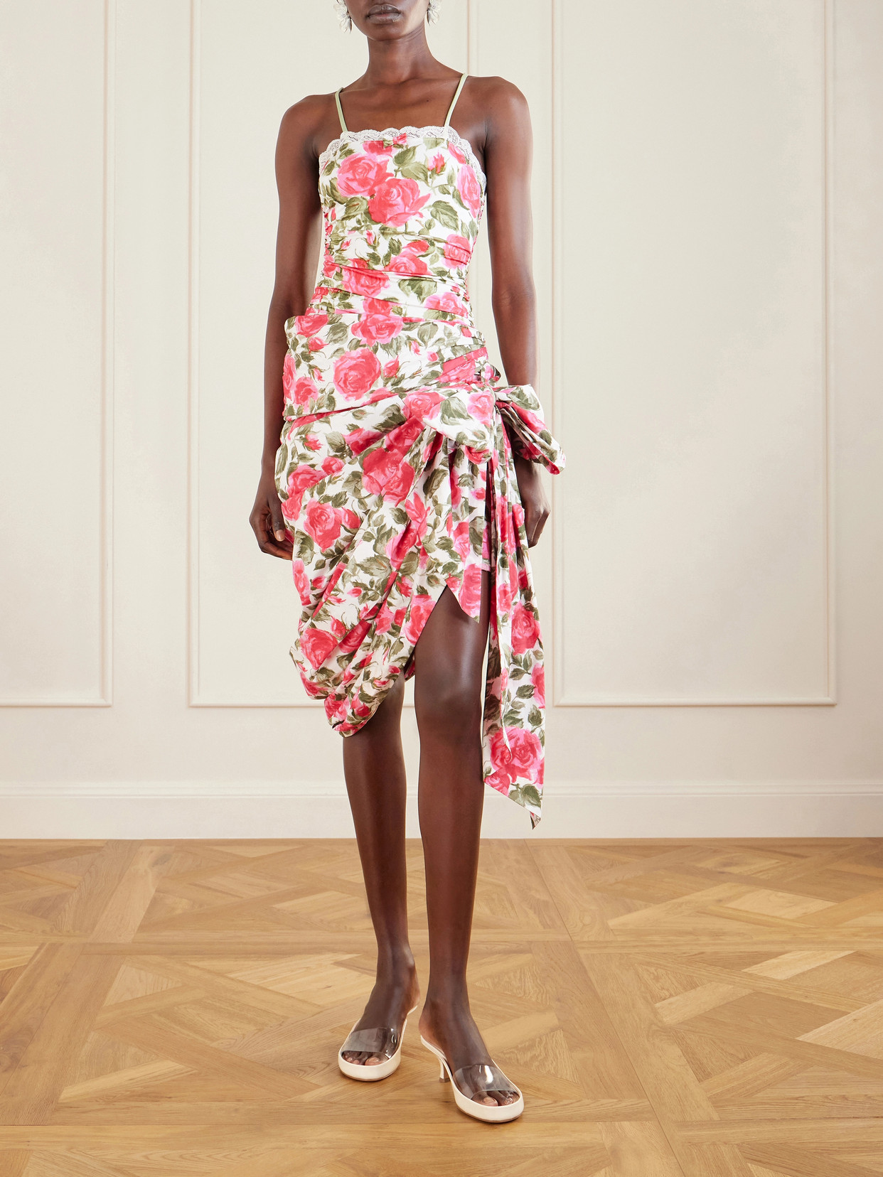 Chloé Bow-detailed Ruched Lace-trimmed Floral-print Swimsuit In Pink
