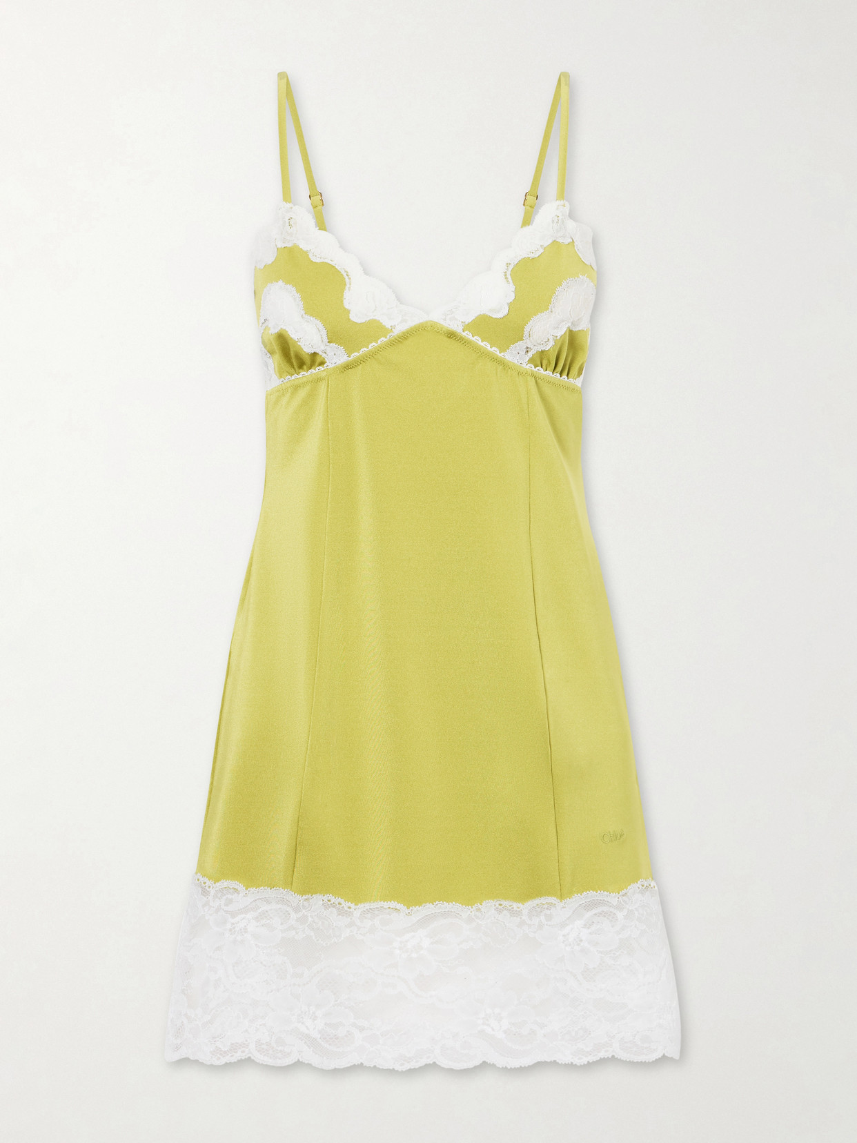 Chloé Lace-trimmed Satin Mini Dress In Yellow