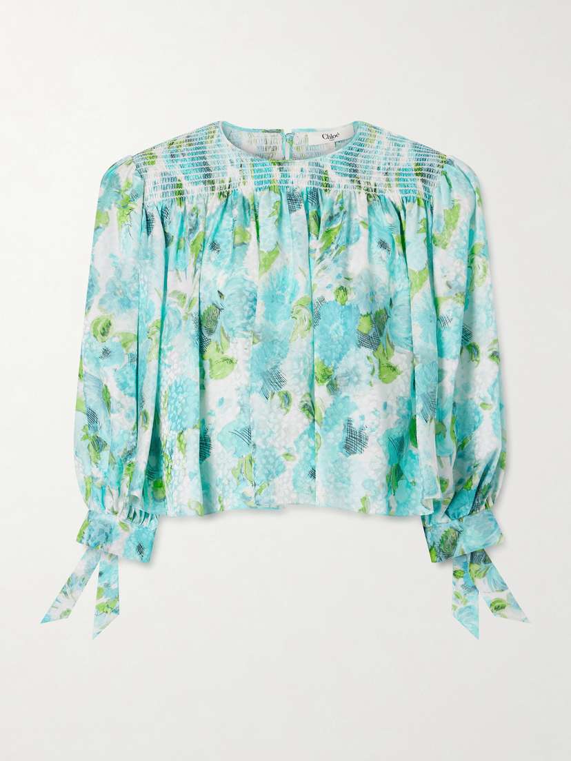 Cropped Smocked Floral-print Silk-jacquard Blouse