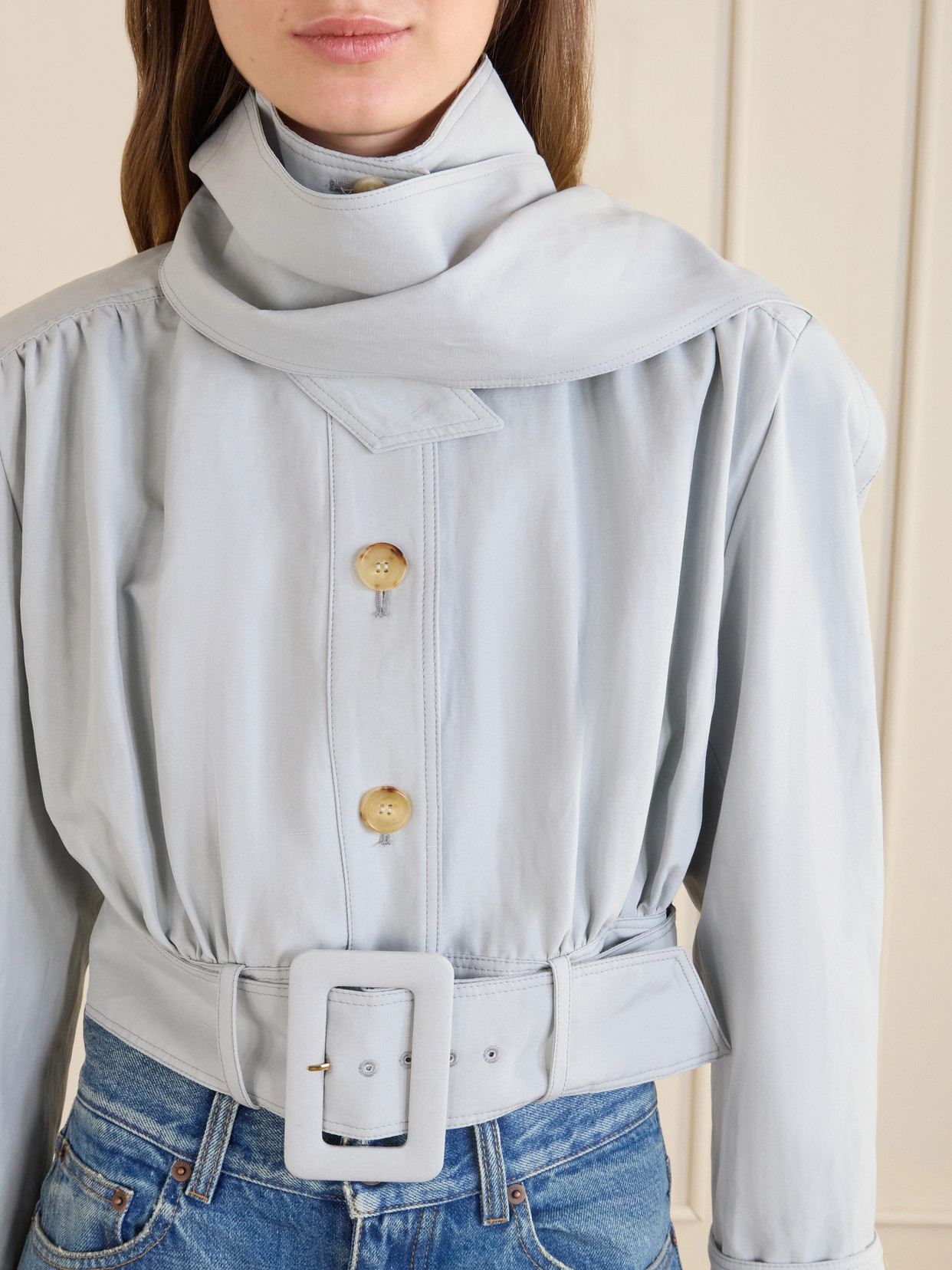 Chloé - Belted Scarf-Detailed Gathered Linen And Cotton-Blend Jacket