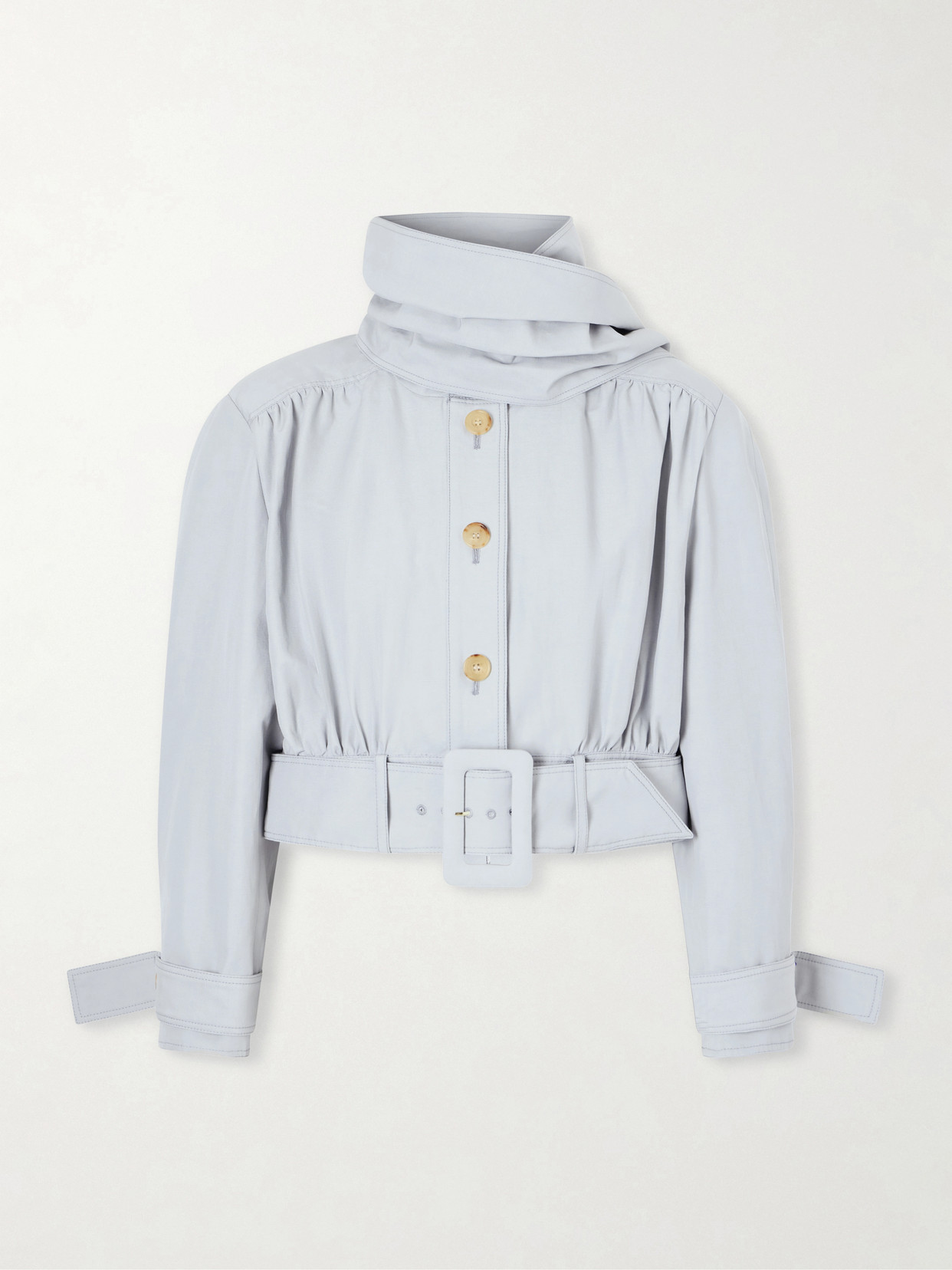 Chloé Belted Scarf-detailed Gathered Linen And Cotton-blend Jacket In Blue