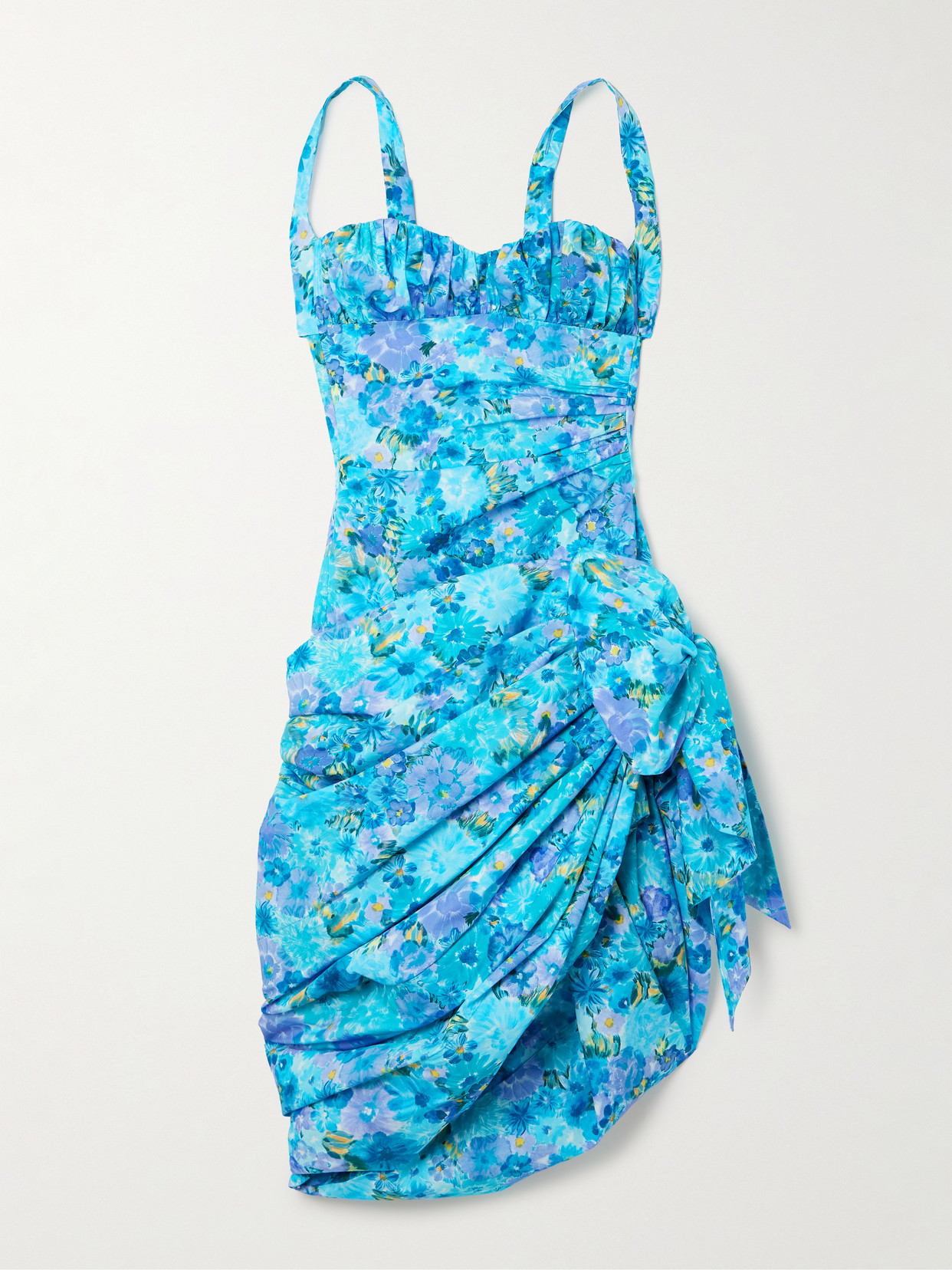 Chloé Asymmetric Bow-detailed Draped Gathered Floral-print Cotton Mini Dress In Blue