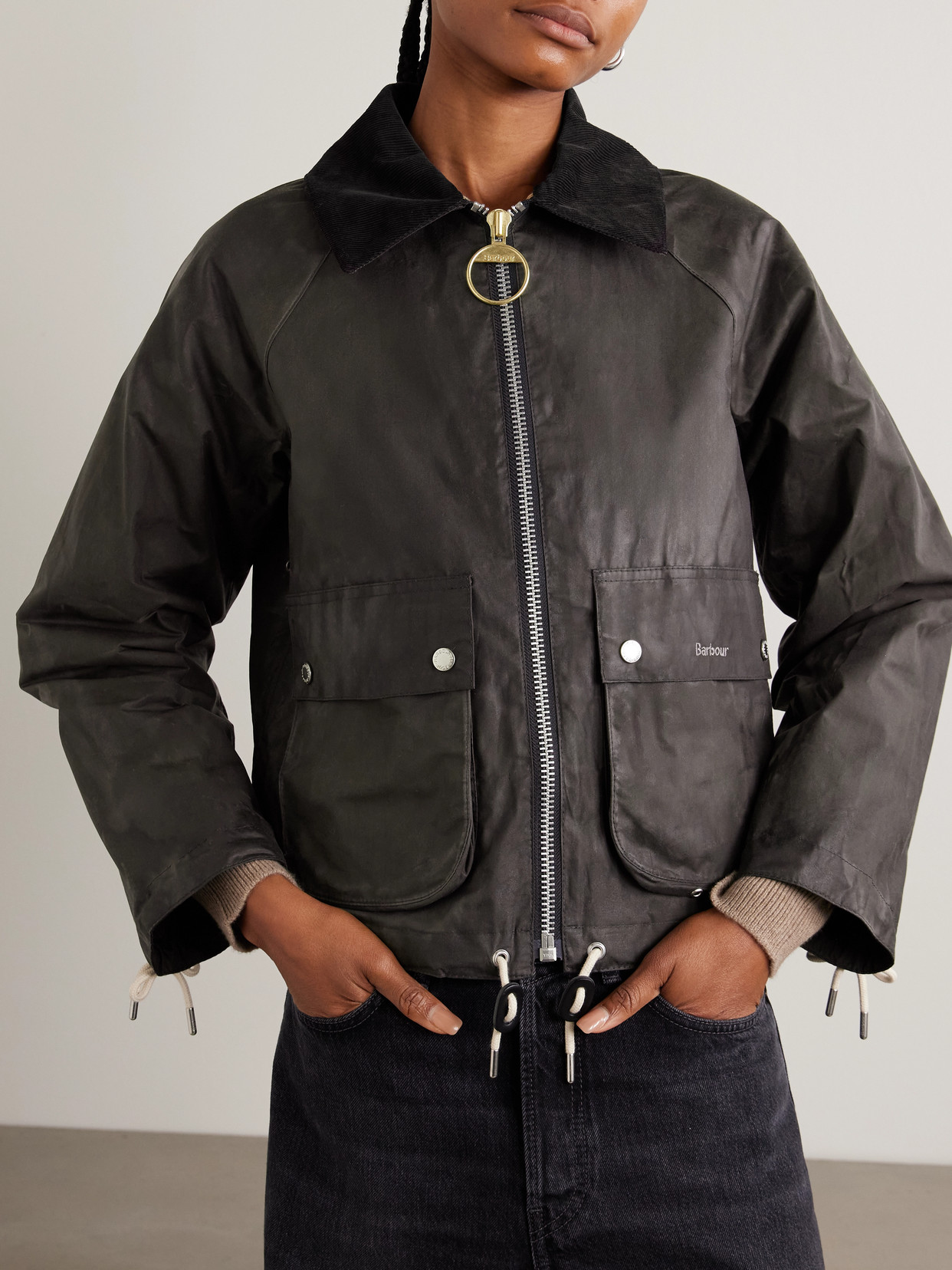 Marron Leather And Corduroy-Trimmed Waxed-Cotton Jacket