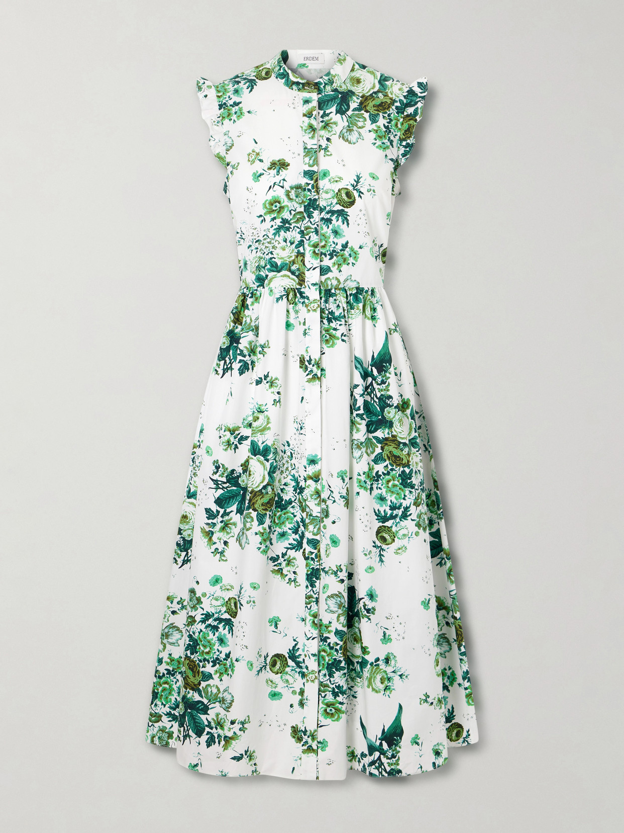Erdem Ruffled Floral-print Cotton-poplin Midi Shirt Dress In Green