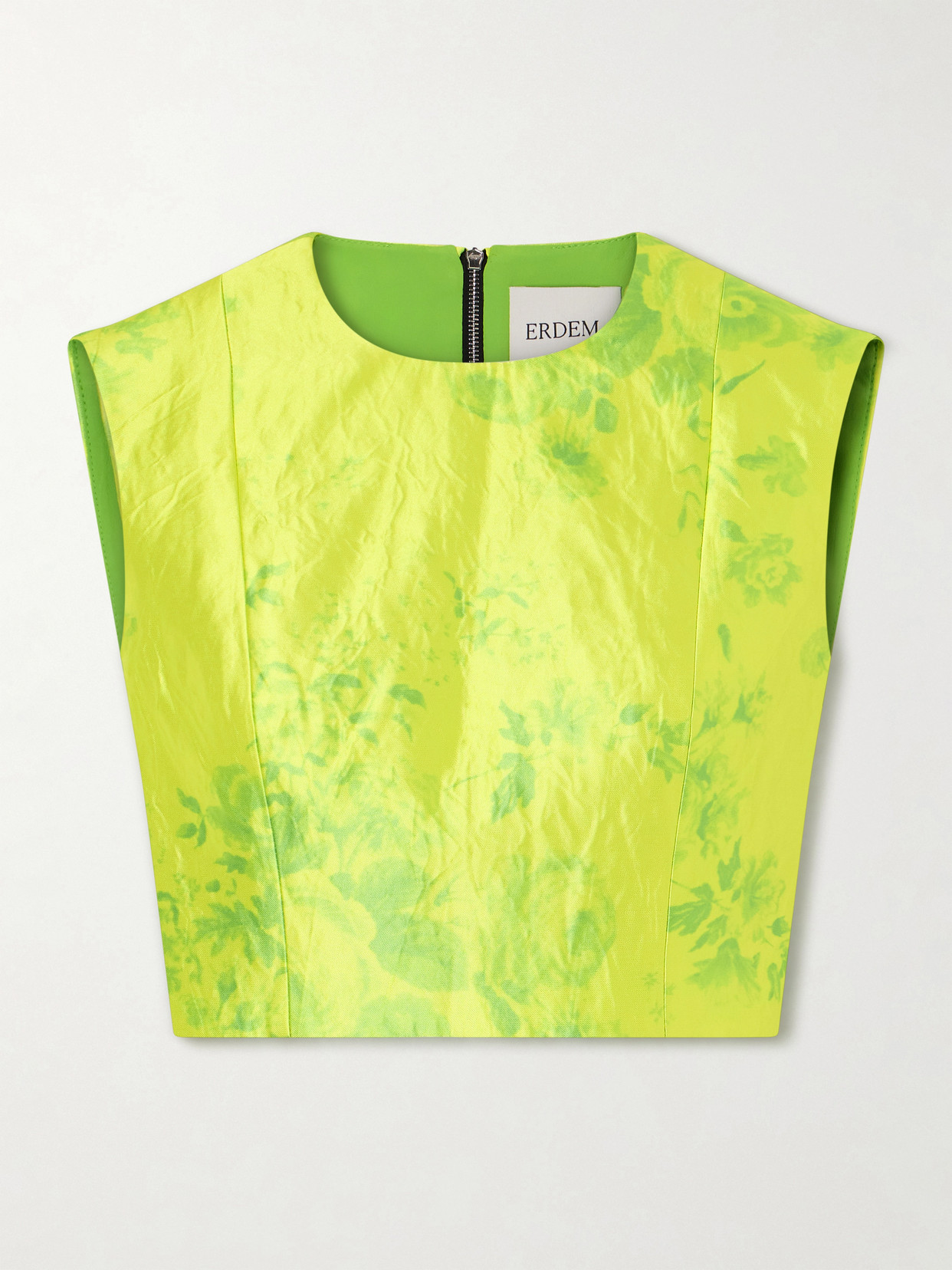 Erdem Floral-print Crinkled-satin Top In Green