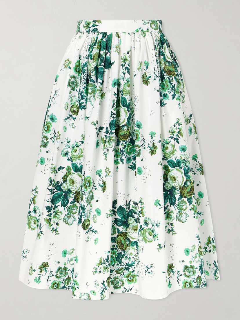 Pleated Floral-print Cotton-poplin Midi Skirt