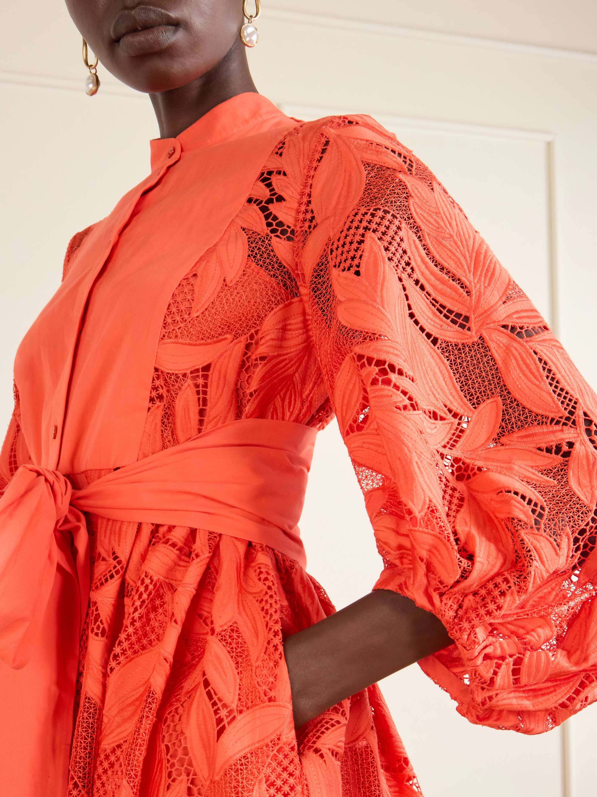 Erdem Bow-detailed Embroidered Poplin And Lace Midi Dress - Women - Orange Dresses - L