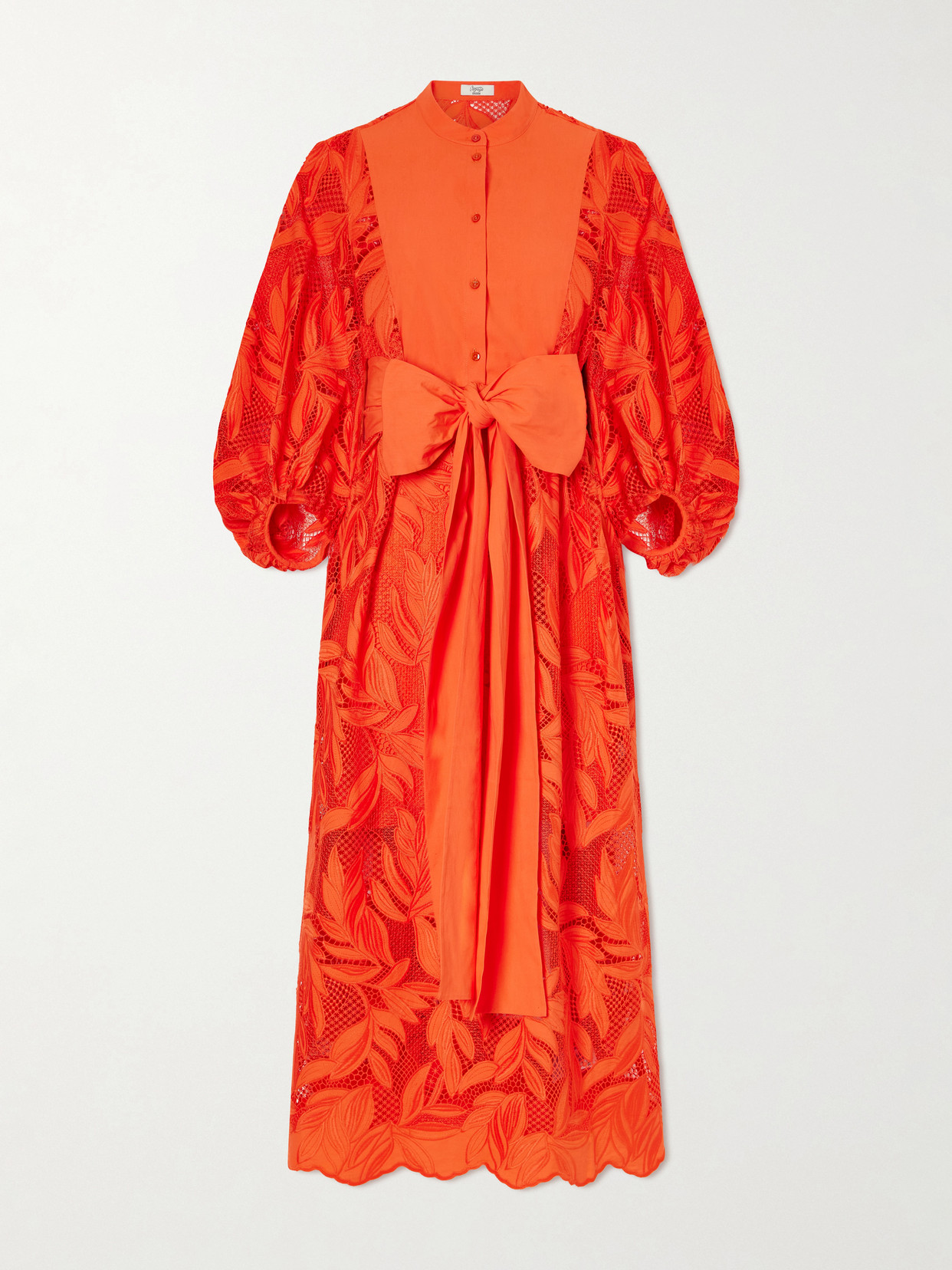 Erdem Bow-detailed Embroidered Poplin And Lace Midi Dress In Orange