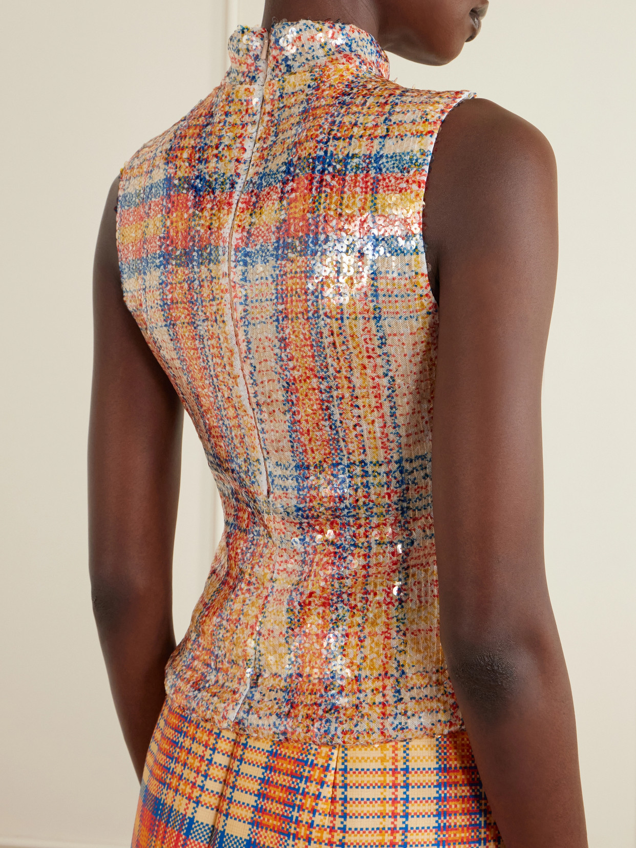 Brandon Maxwell The Piper Paillette Plaid Mock Neck Top In Multi