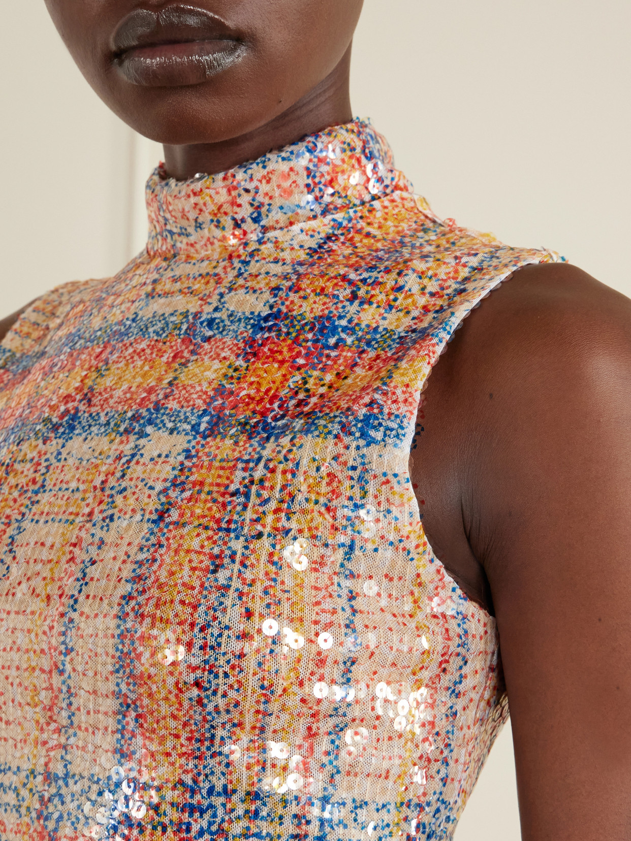 Brandon Maxwell The Piper Paillette Plaid Mock Neck Top In Multi