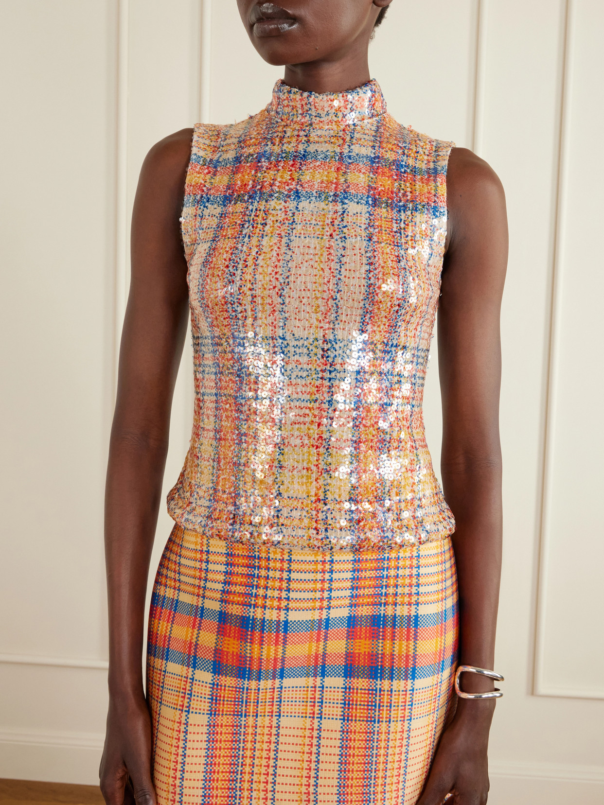 Brandon Maxwell The Piper Paillette Plaid Mock Neck Top In Multi