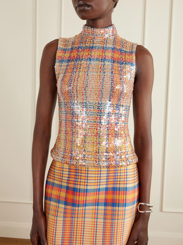 Brandon Maxwell Piper checked sequined mesh turtleneck top