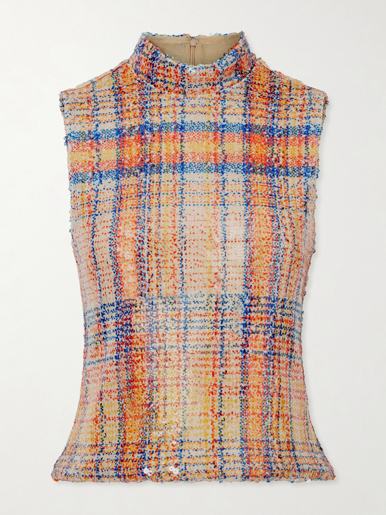 Brandon Maxwell Piper Checked Sequined Mesh Turtleneck Top In Orange