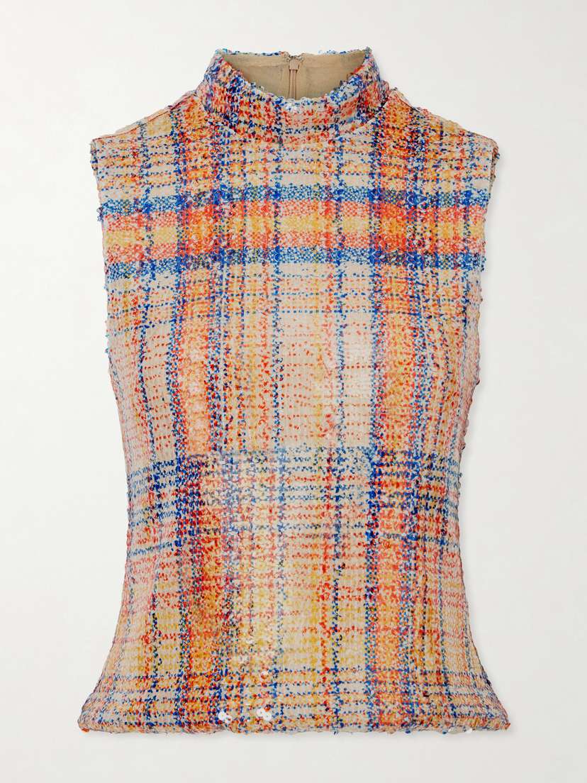 Piper Checked Sequined Mesh Turtleneck Top