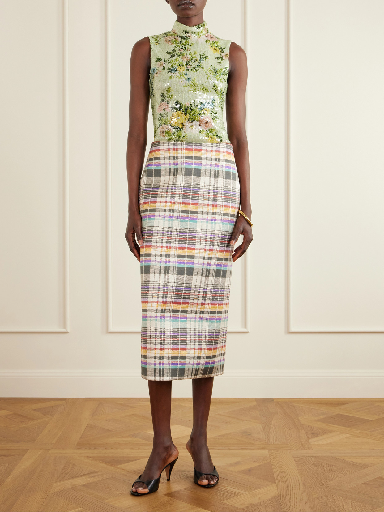 Mercer Bonded Checked Wool And Silk-Blend Midi