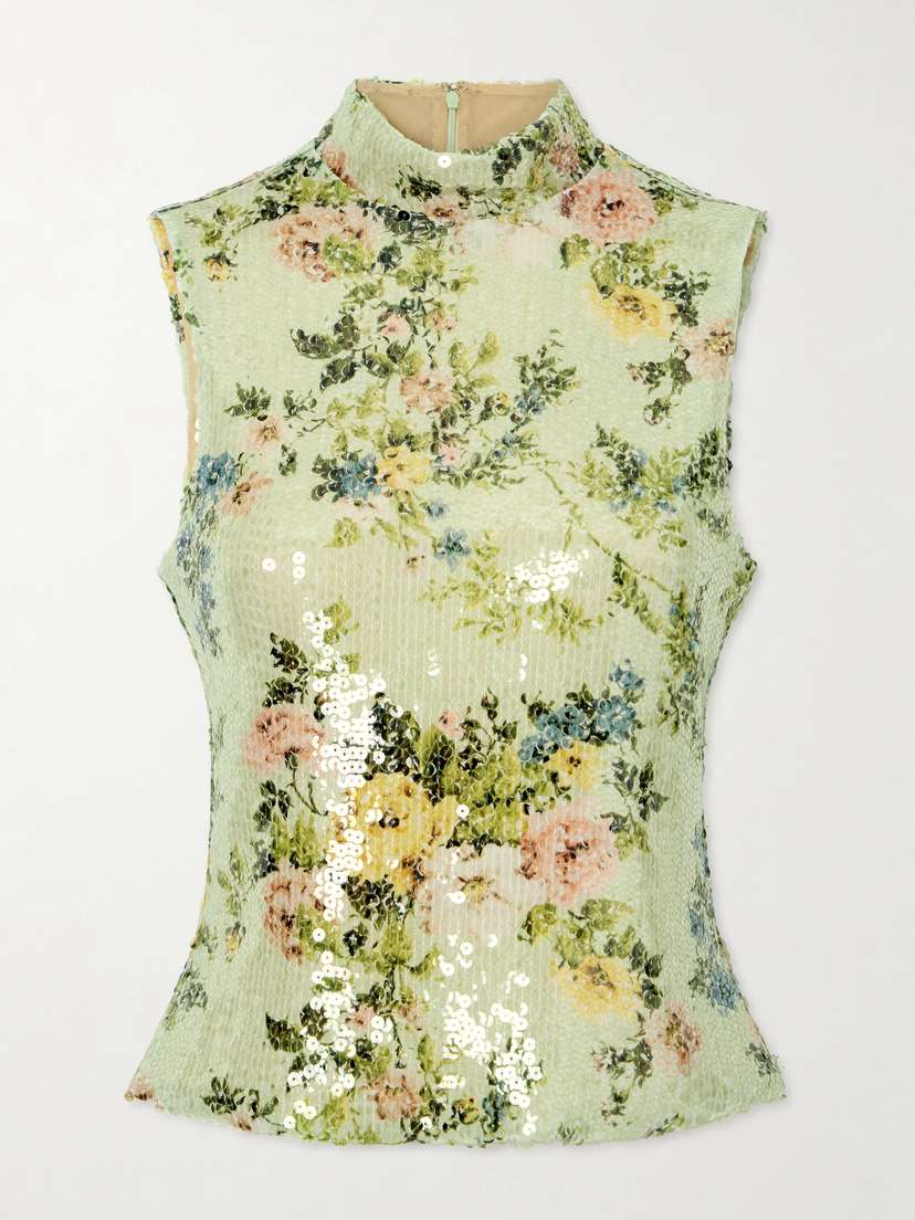 Piper Sequined Floral-print Mesh Turtleneck Top