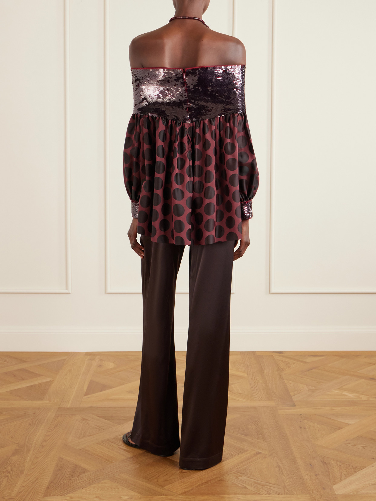 Off-The-Shoulder Sequin-Trimmed Polka-Dot Faille Blouse