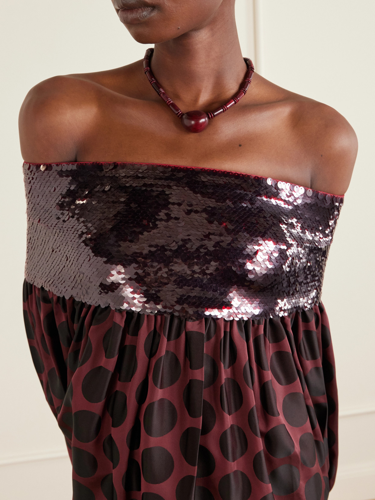 Off-The-Shoulder Sequin-Trimmed Polka-Dot Faille Blouse