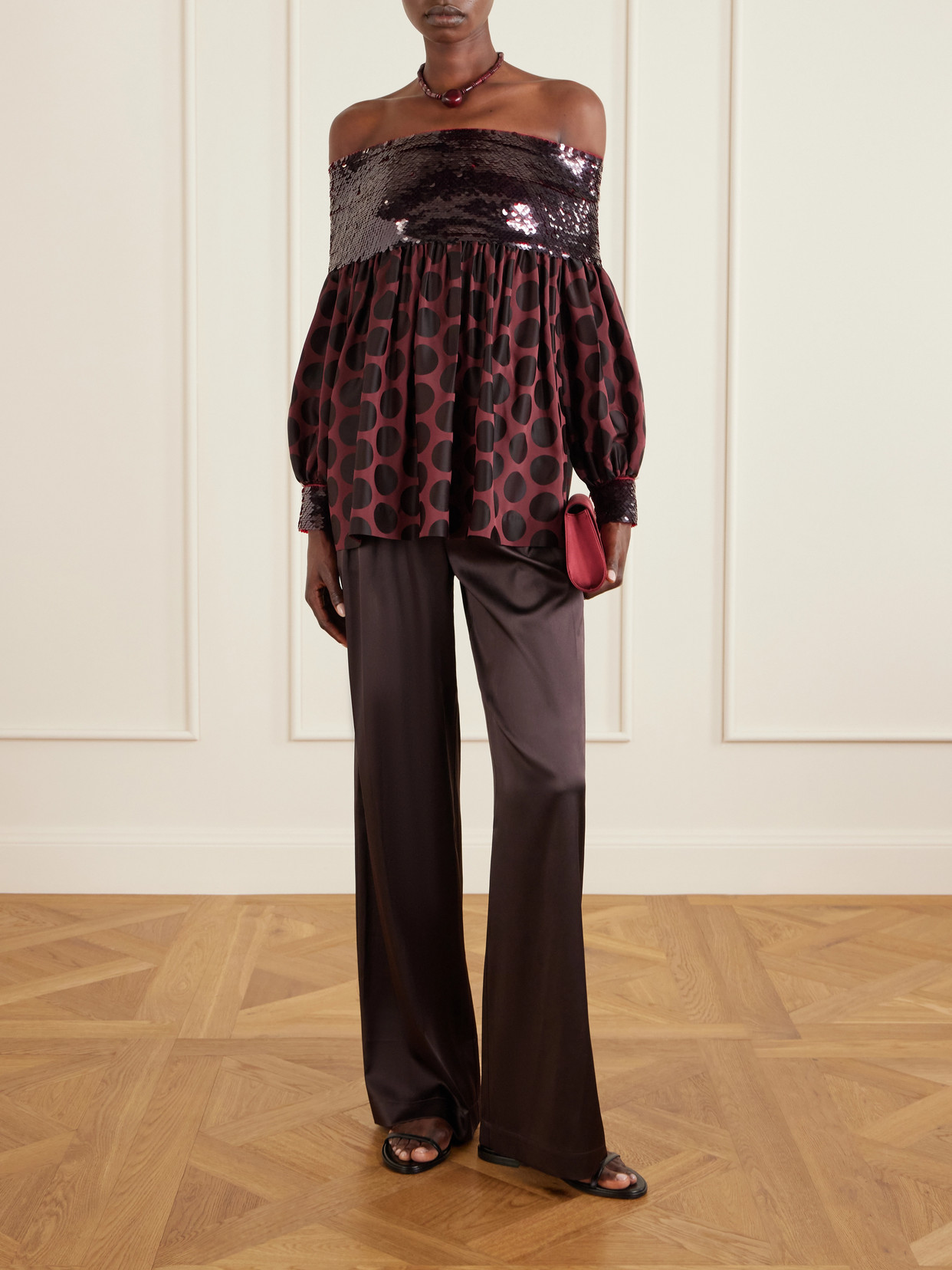 Off-The-Shoulder Sequin-Trimmed Polka-Dot Faille Blouse