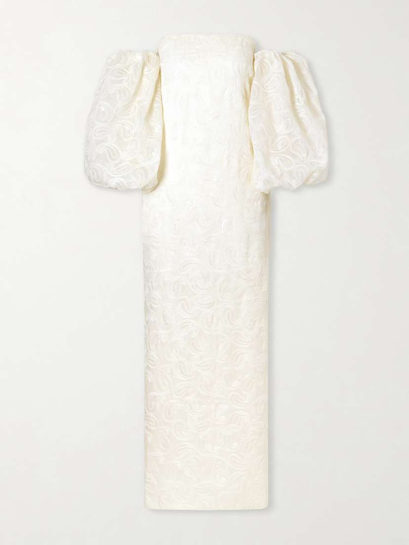 Dima Ayad Off-the-shoulder Embellished Embroidered Woven Gown