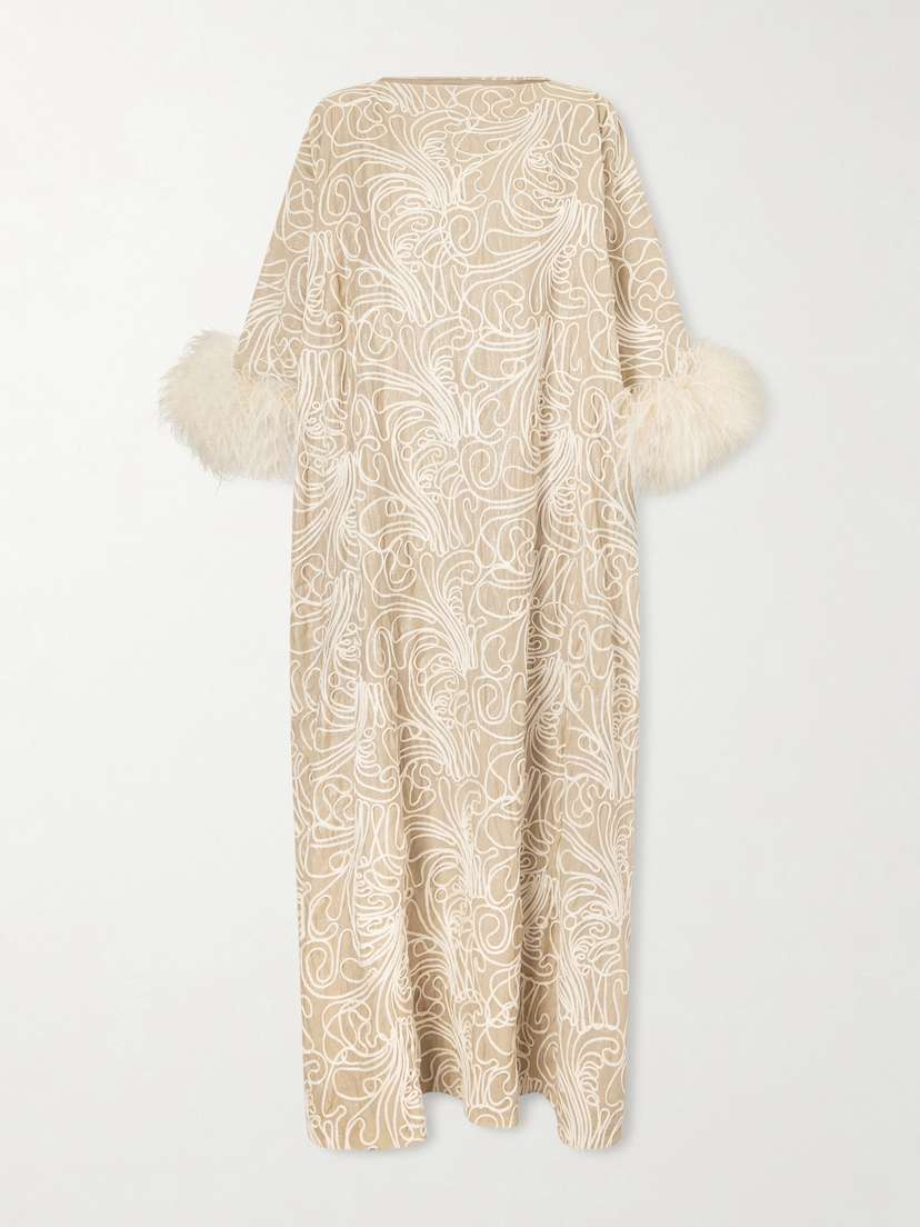 Dima Ayad Feather-trimmed Embroidered Crepe Gown