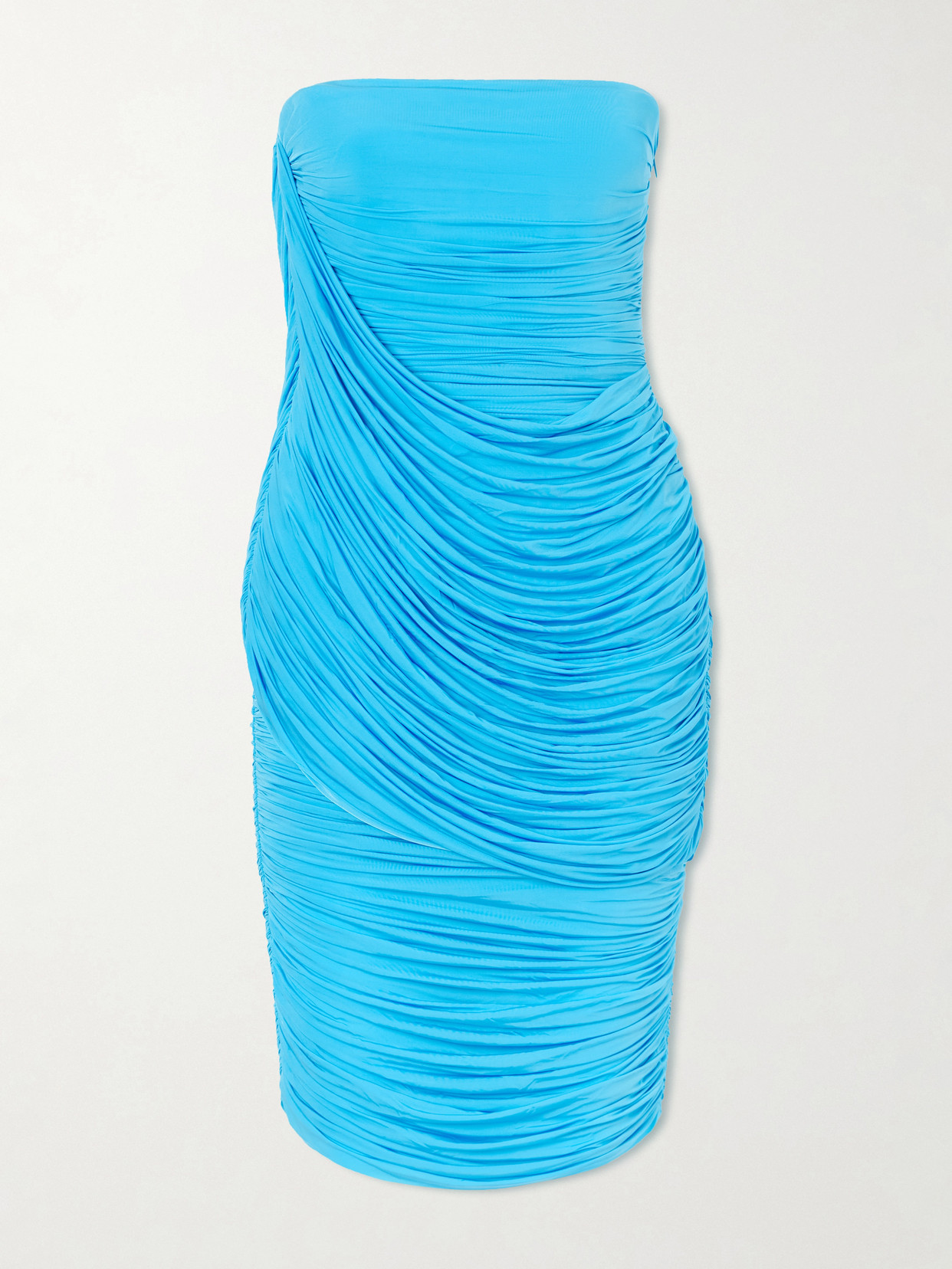 Alex Perry Strapless Ruched Draped Stretch-jersey Midi Dress In Blue