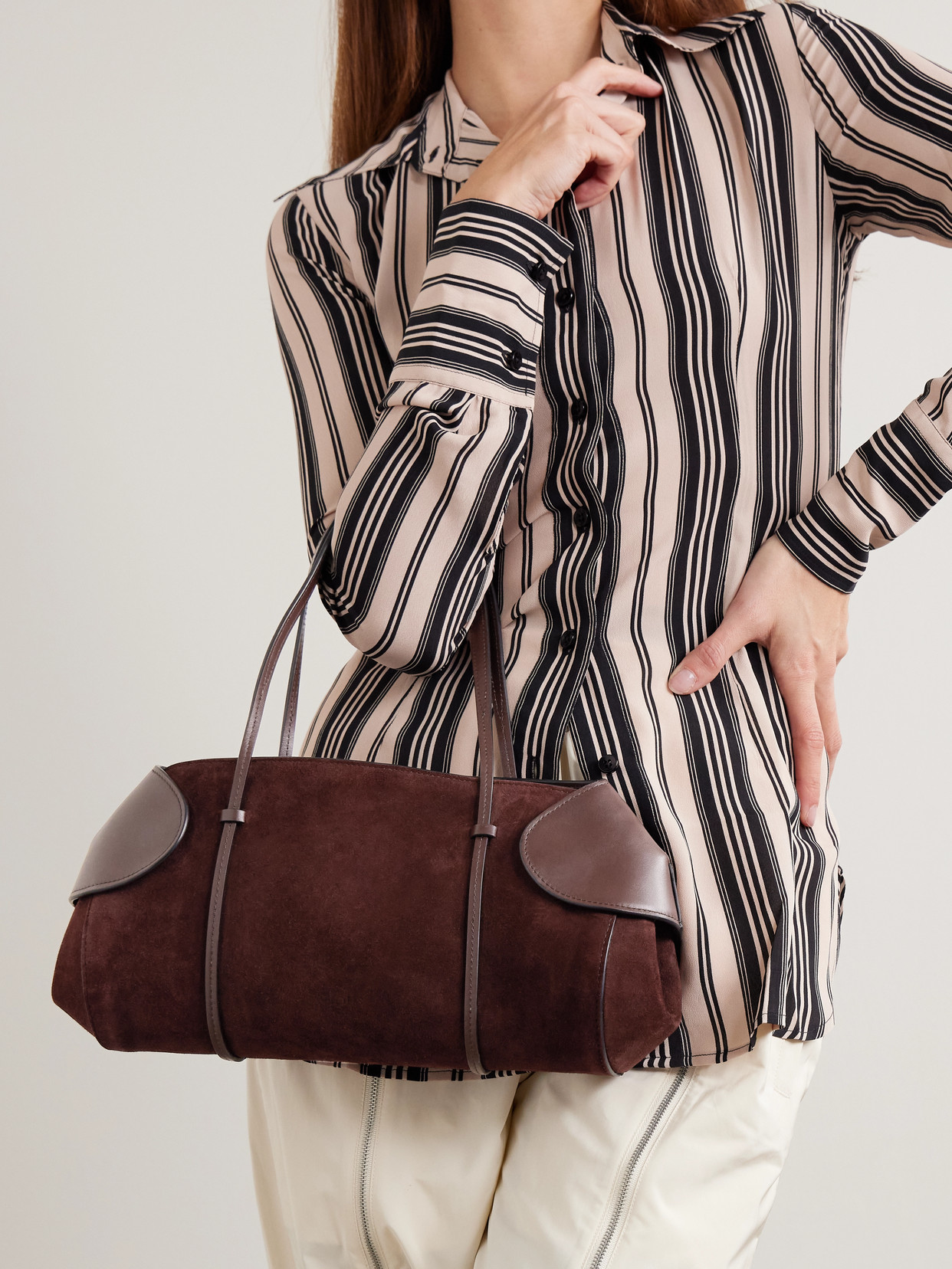 Neous Berenices East To West Suede And Leather Shoulder Bag In Brown