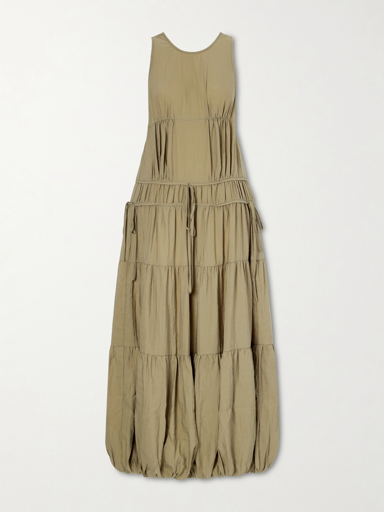 Co Pleated Knotted Satin Midi Dress In Brown
