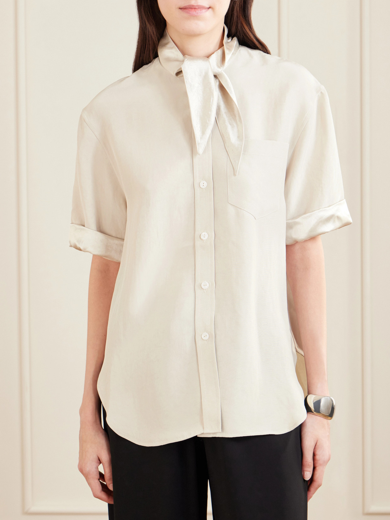 Tie-Detailed Sateen-Trimmed Crepe Shirt