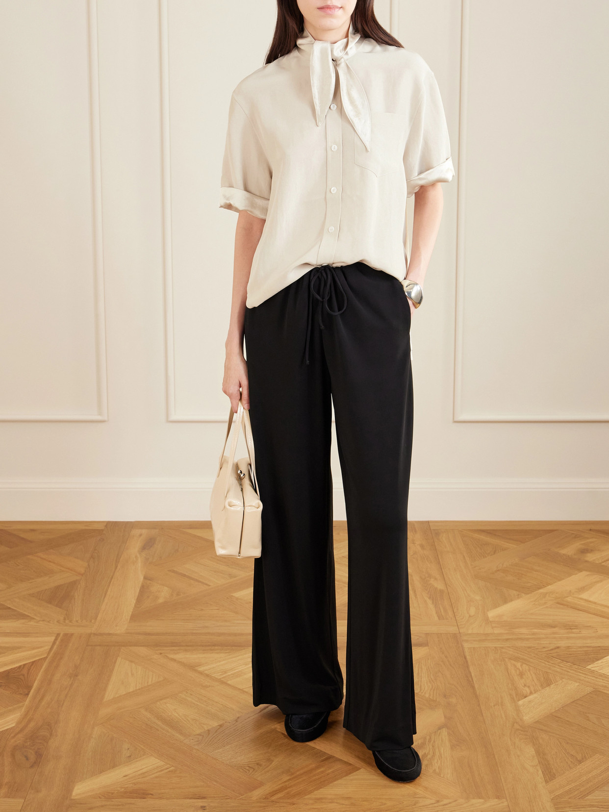 Tie-Detailed Sateen-Trimmed Crepe Shirt
